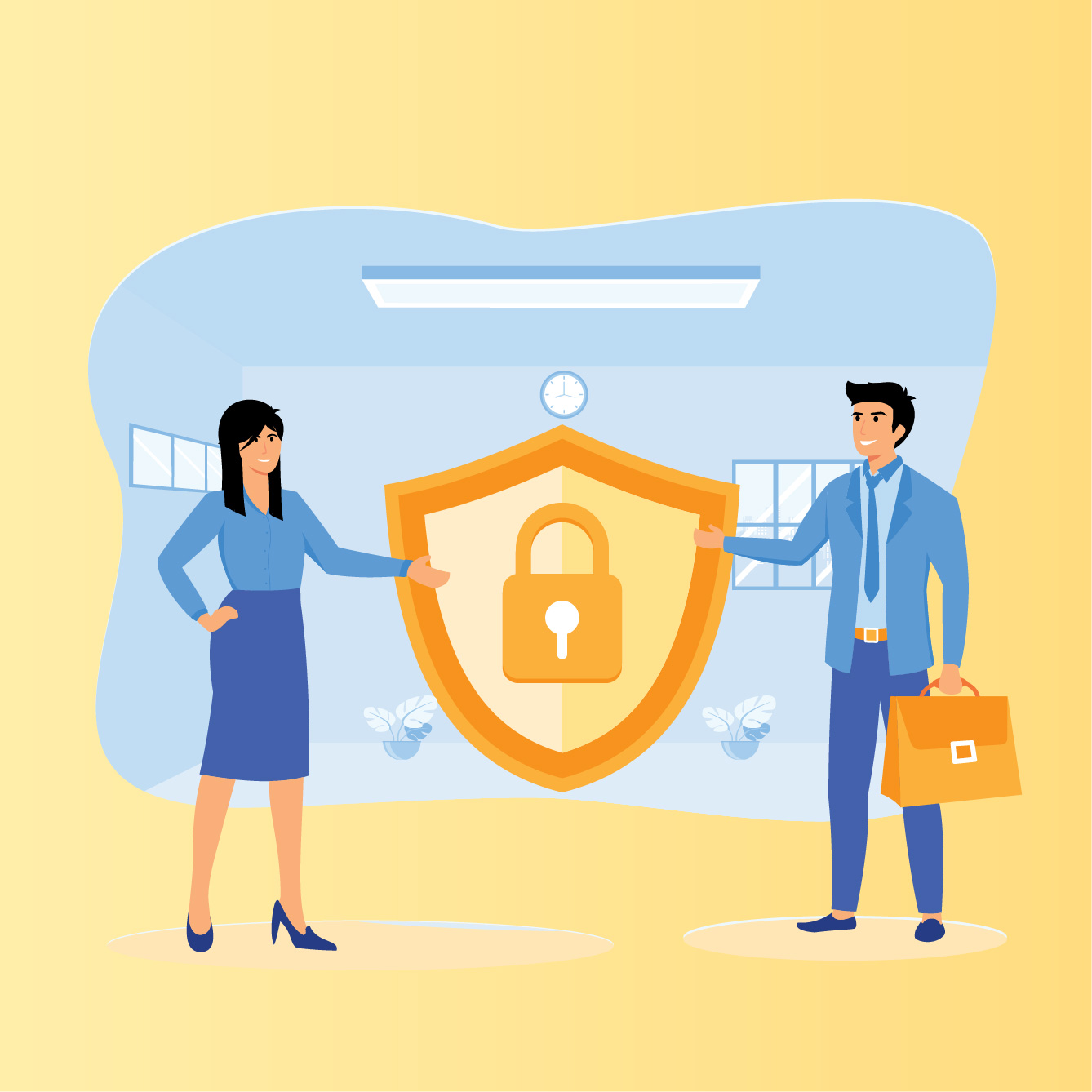 Illustration of business professionals holding a security shield representing a secured loan for business from HFS.