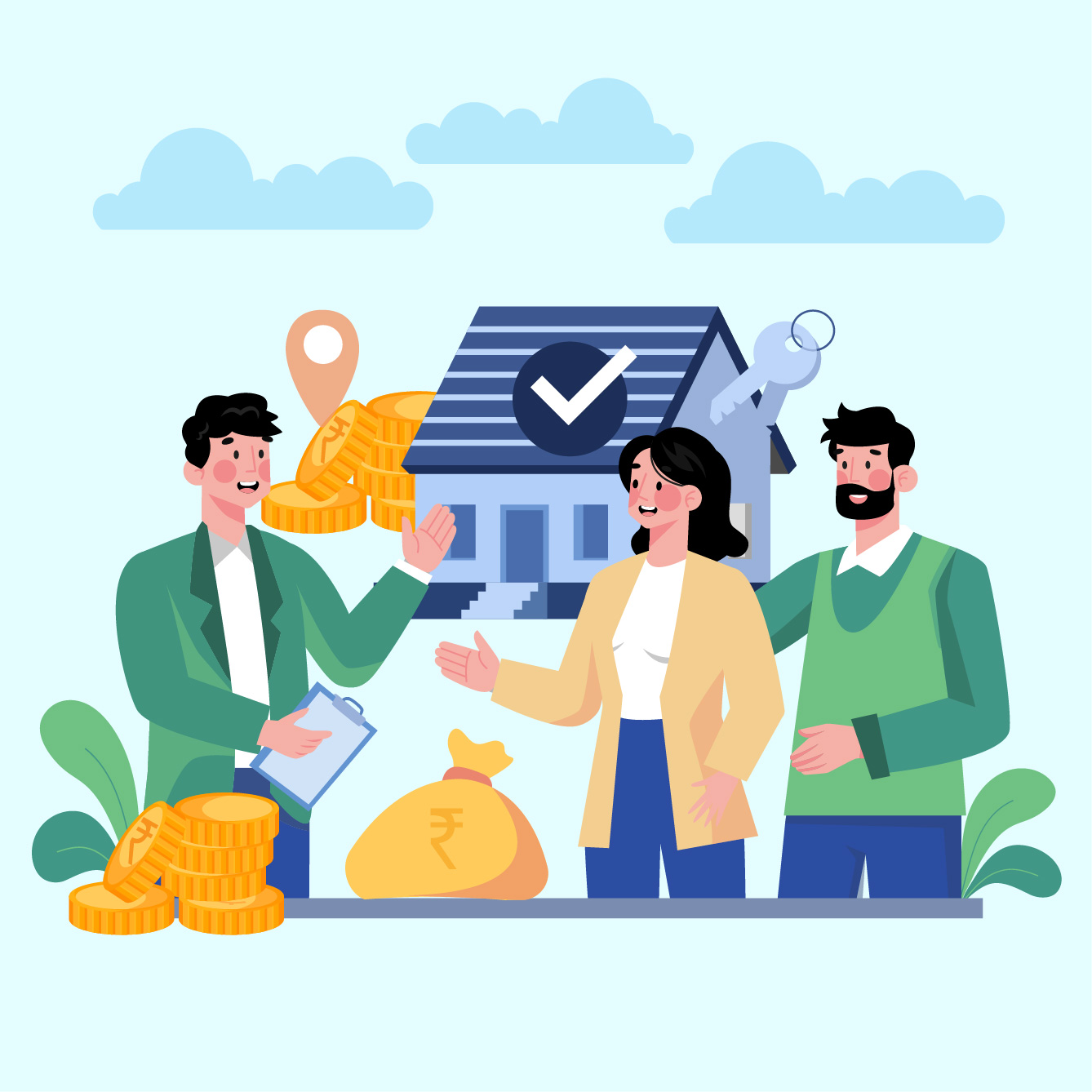 Illustration of a couple discussing a loan with a financial representative, surrounded by symbols of property, money, coins, keys, and a house to represent a loan against property.