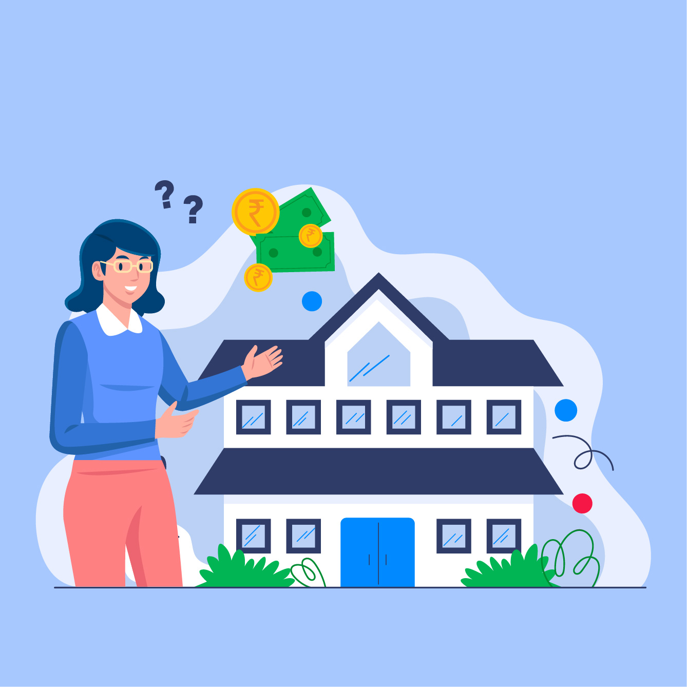 Illustration showing a loan against property for business, with an MSME owner, a house, and money icons representing secured business funding in India.