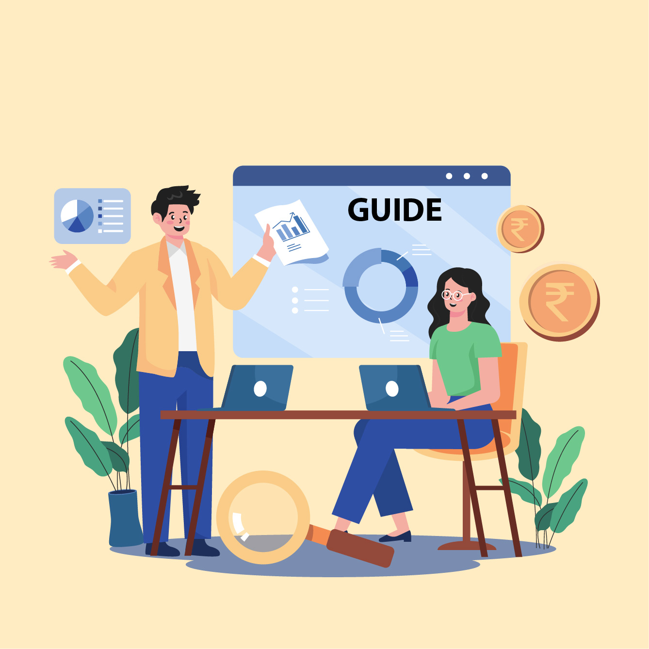 Business loan tier 3 cities illustration showing MSME owners reviewing loan guide and financial charts in India.