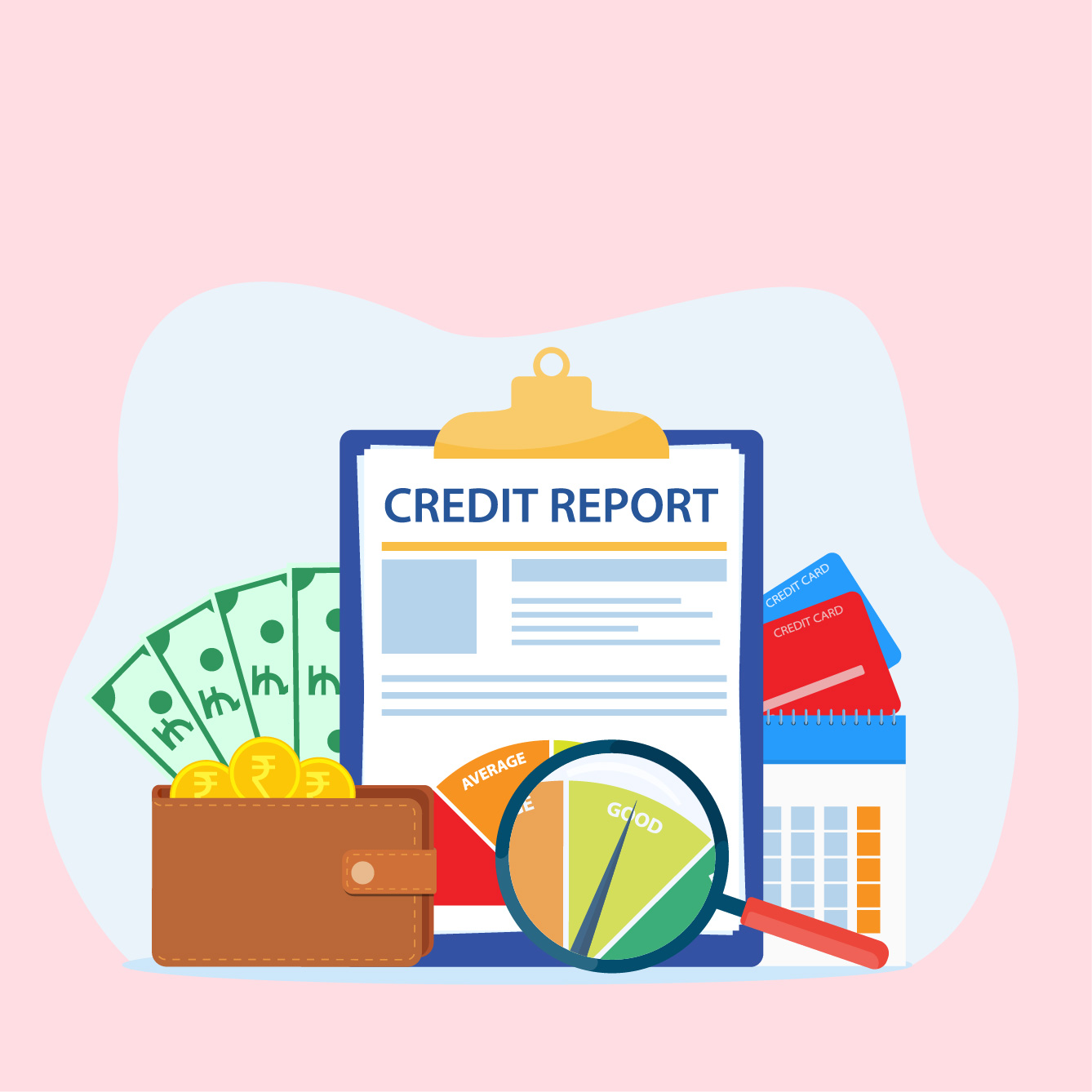 mprove business credit score India concept illustration showing credit report, score gauge, wallet and credit cards.